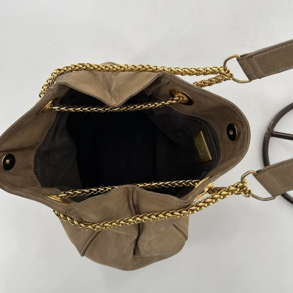 Rare De Vecchi Hamilton Hodge Shoulder Bag Nubuck Leather Gold Chain Strap Taupe